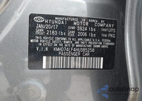 2017 Hyundai Elantra Se from USA, damaged, VIN KMHD74LF4HU385258